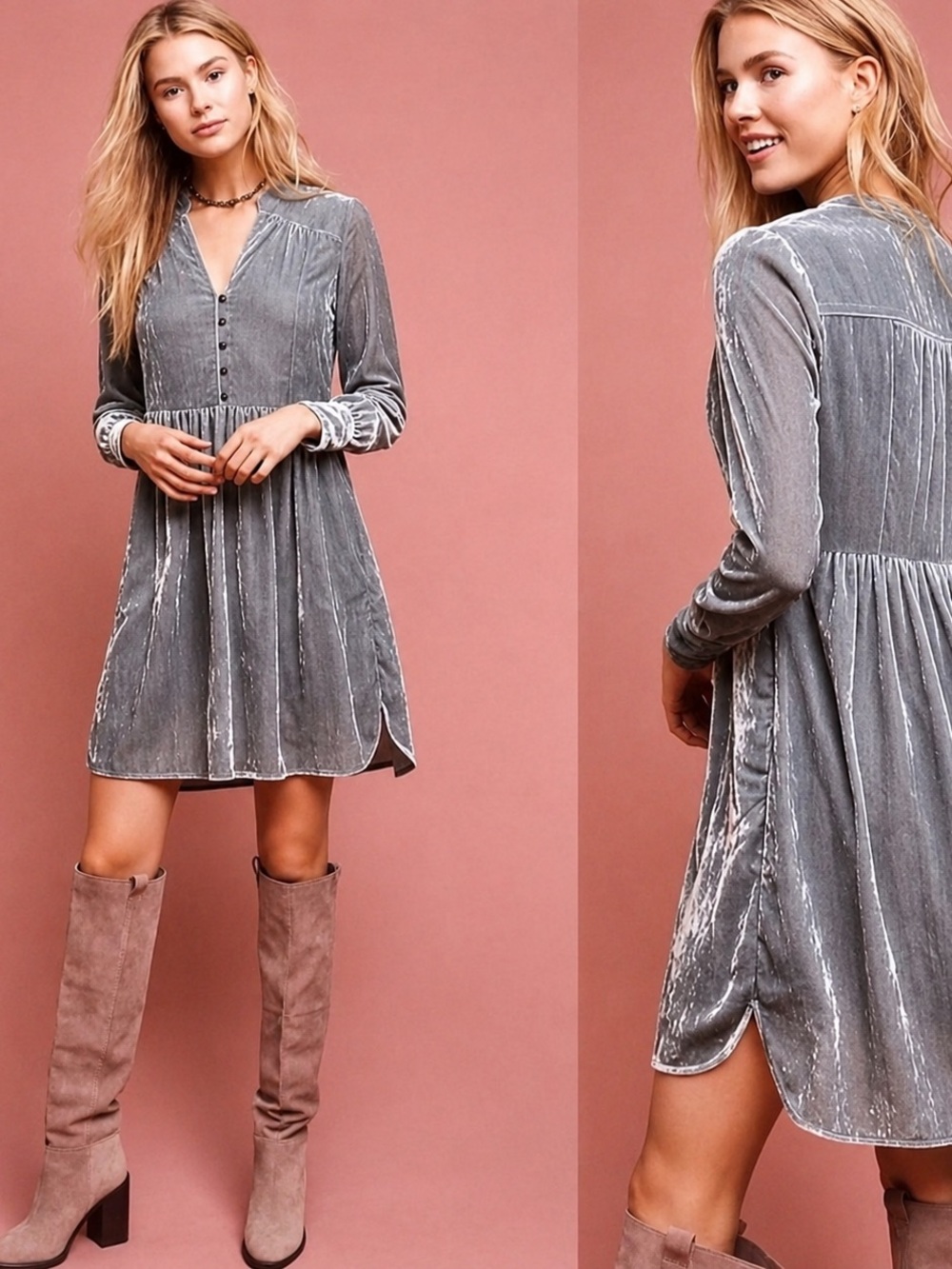 Holding Horses Anthropologie Velvet Tunic Dress Blue Gray Plaid Trim M